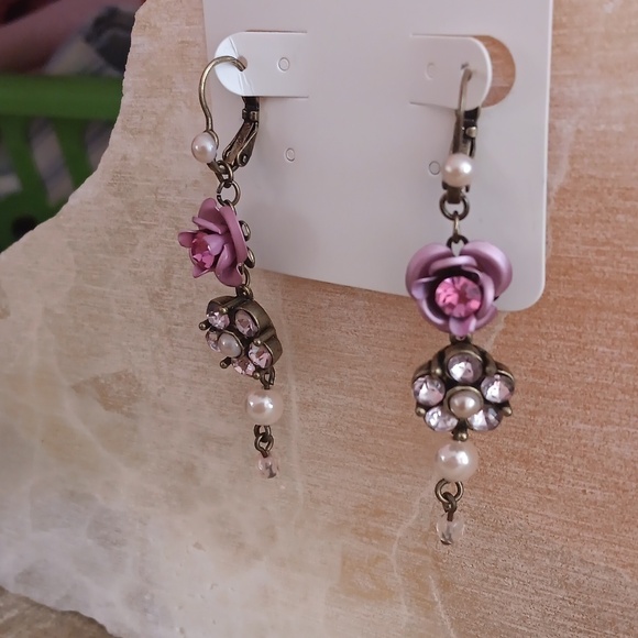 Brass Tone Rose Rhinestone Faux Pearl Drop Earrings - Picture 6 of 7